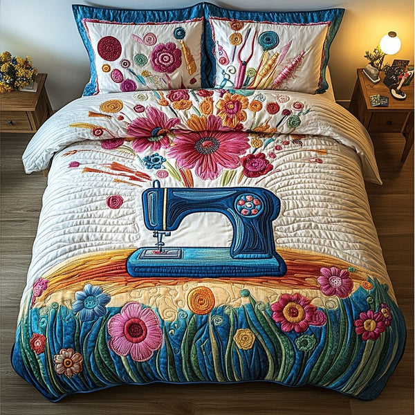 Precision Sewing Machine quilted 3-piece bedding set on a made bed with two matching pillow shams