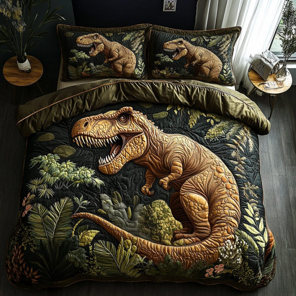 Prehistoric Kingdom quilted 3-piece bedding set on a made bed with two matching pillow shams