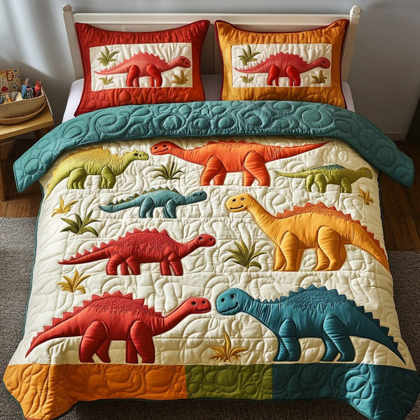 Prehistoric Pals quilted 3-piece bedding set on a made bed with two matching pillow shams