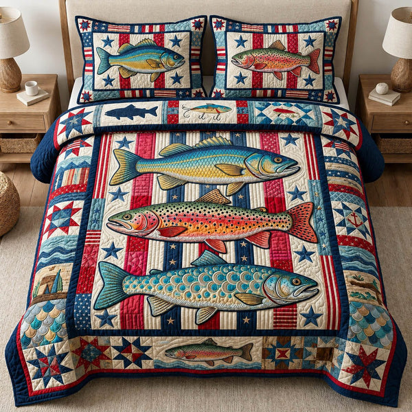 Preppy Fishing quilted 3-piece bedding set on a made bed with two matching pillow shams