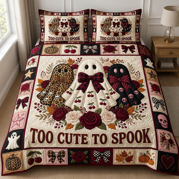 Preppy Ghost quilted 3-piece bedding set on a made bed against a dark styled interior