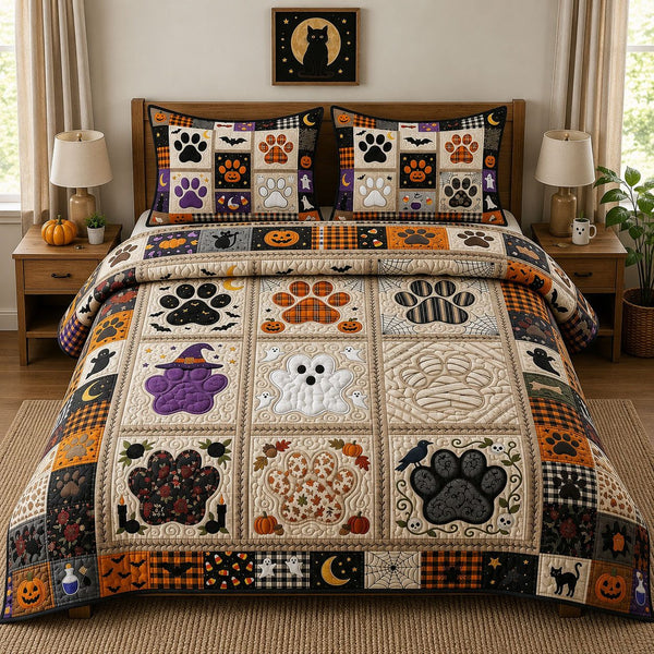 Preppy Paws quilted 3-piece bedding set on a made bed with two matching pillow shams
