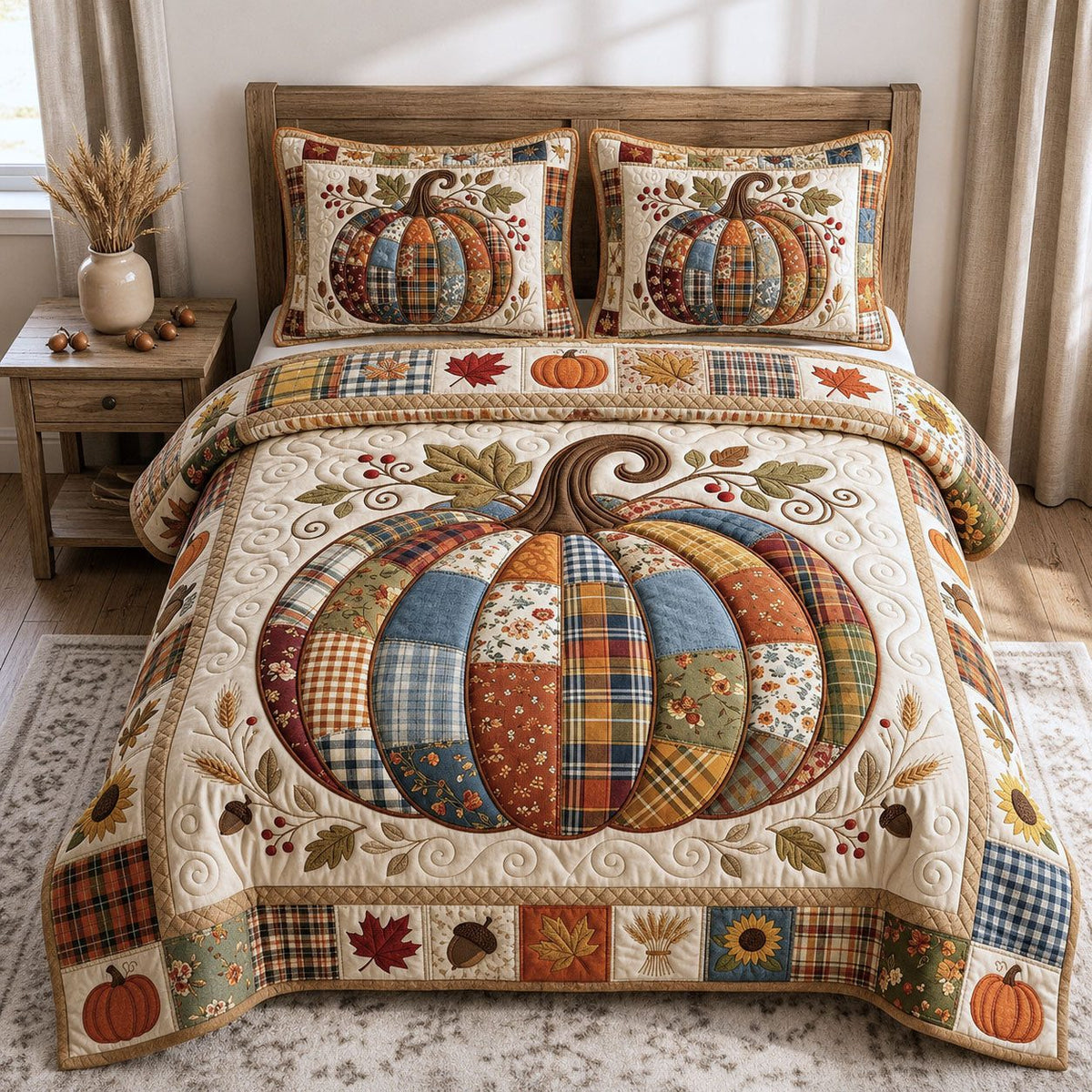 Preppy Pumpkin quilted 3-piece bedding set on a made bed against a dark styled interior