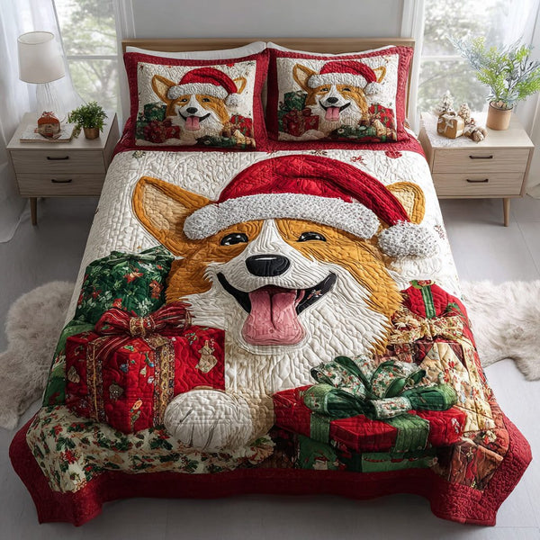 Present Corgi Pal quilted 3-piece bedding set on a made bed with two matching pillow shams