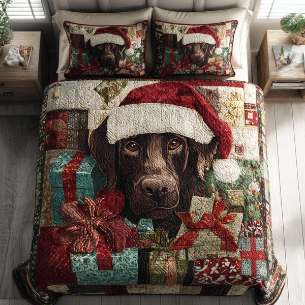 Present Labrador Retriever quilted 3-piece bedding set on a made bed with two matching pillow shams