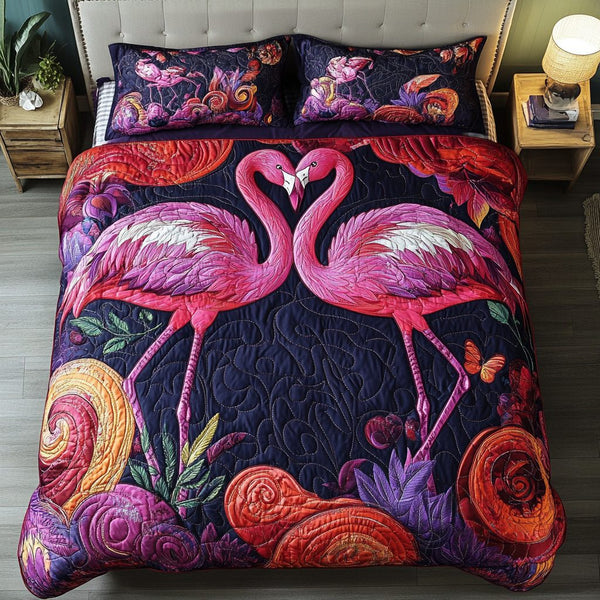 Pretty Plumage quilted 3-piece bedding set on a made bed with two matching pillow shams