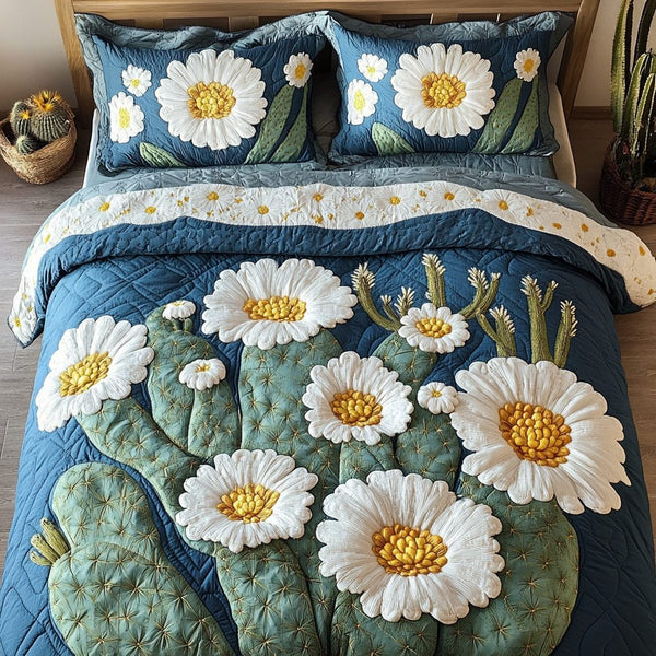 Prickly Blossom quilted 3-piece bedding set on a made bed with two matching pillow shams
