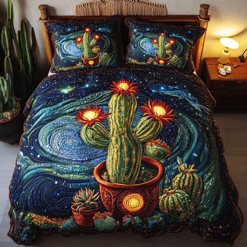 Prickly Charm quilted 3-piece bedding set on a made bed with two matching pillow shams
