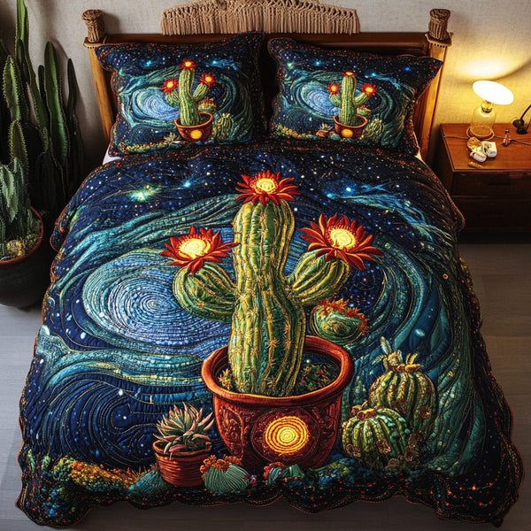 Prickly Charm quilted 3-piece bedding set on a made bed with two matching pillow shams