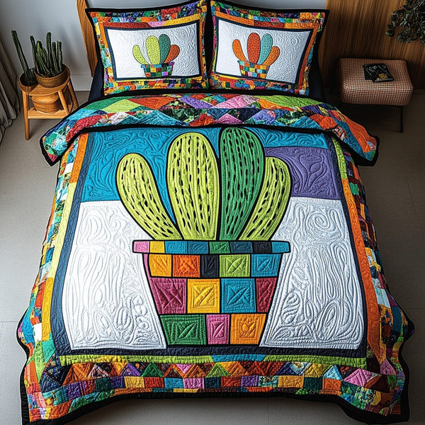 Prickly Charm quilted 3-piece bedding set on a made bed with two matching pillow shams
