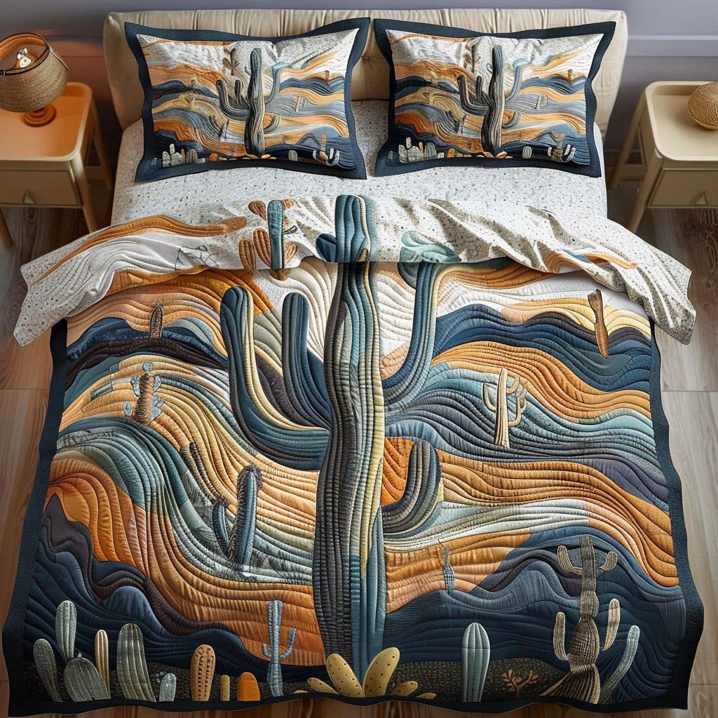 Prickly Charm quilted 3-piece bedding set on a made bed with two matching pillow shams
