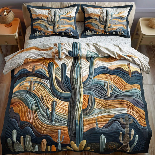 Prickly Charm quilted 3-piece bedding set on a made bed with two matching pillow shams
