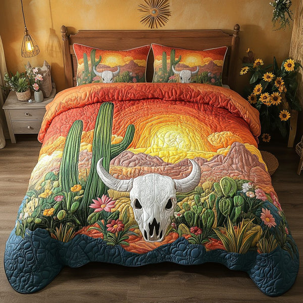 Prickly Charm quilted 3-piece bedding set on a made bed with two matching pillow shams