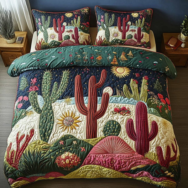 Prickly Elegance quilted 3-piece bedding set on a made bed with two matching pillow shams