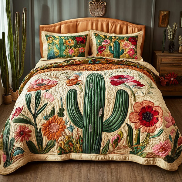 Prickly Garden quilted 3-piece bedding set on a made bed with two matching pillow shams