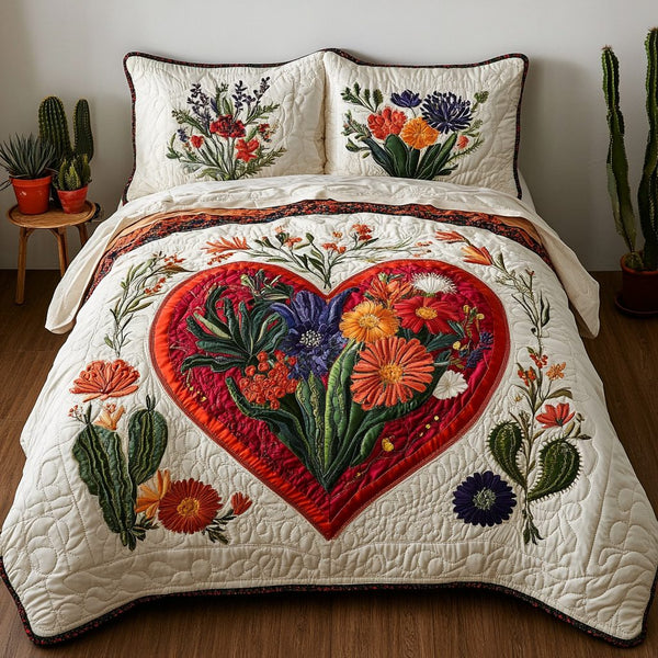 Prickly Love quilted 3-piece bedding set on a made bed with two matching pillow shams