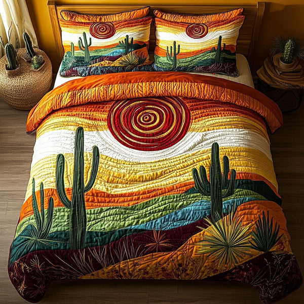 Prickly Paradise quilted 3-piece bedding set on a made bed with two matching pillow shams