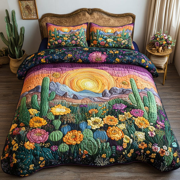 Prickly Paradise quilted 3-piece bedding set on a made bed with two matching pillow shams