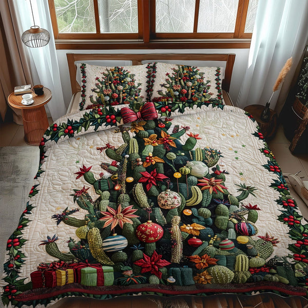 Prickly Paradise quilted 3-piece bedding set on a made bed with two matching pillow shams
