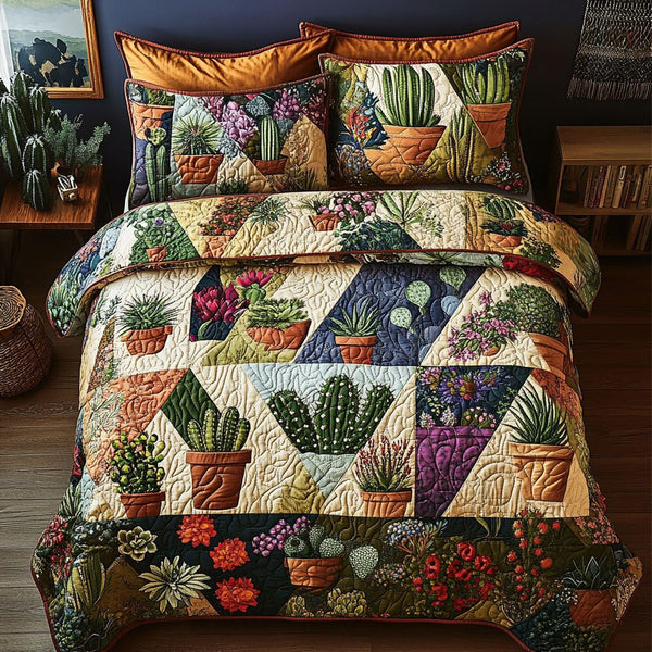 Prickly Patchwork quilted 3-piece bedding set on a made bed in a farmhouse bedroom