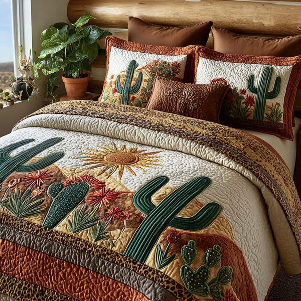 Prickly Pear Paradise quilted 3-piece bedding set on a made bed with two matching pillow shams