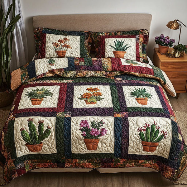 Prickly Pear Patch quilted 3-piece bedding set on a made bed with two matching pillow shams