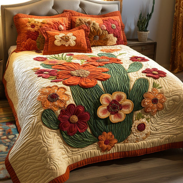 Prickly Petals quilted 3-piece bedding set on a made bed with two matching pillow shams