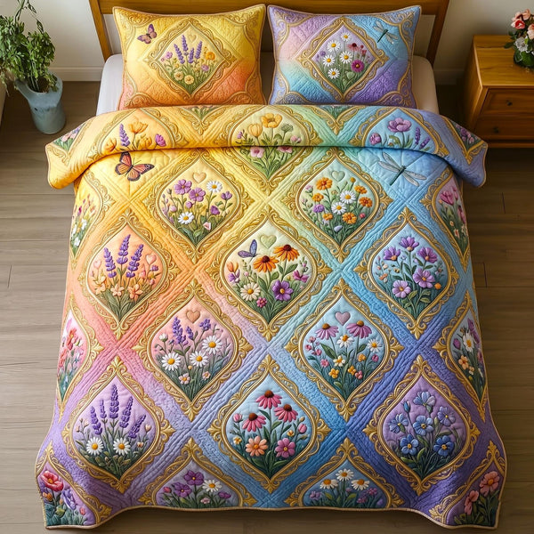 Pride Love Forever quilted 3-piece bedding set on a made bed with two matching pillow shams