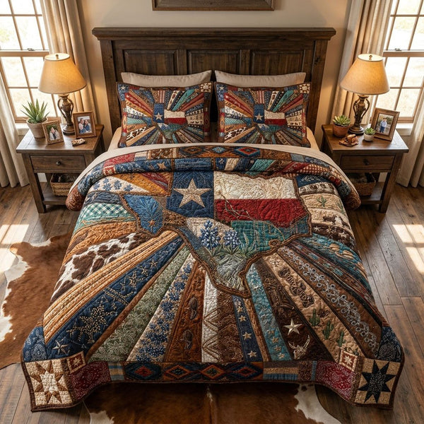 Pride of the Lone Star State quilted 3-piece bedding set on a made bed with two matching pillow shams