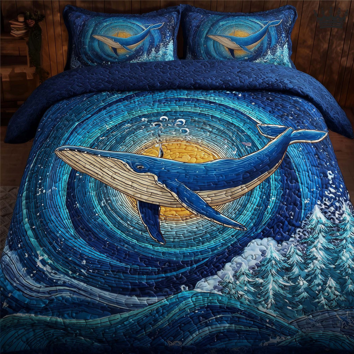 Prism Whale quilted 3-piece bedding set on a made bed in a light coastal bedroom