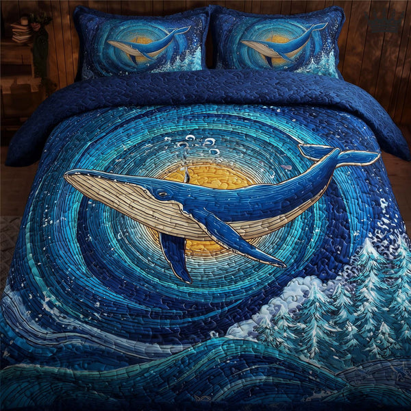 Prism Whale quilted 3-piece bedding set on a made bed in a light coastal bedroom