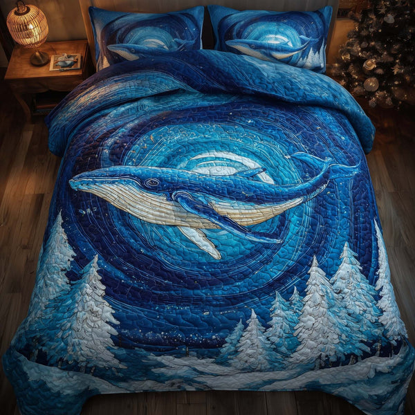 Prism Whale quilted 3-piece bedding set on a made bed in a light coastal bedroom