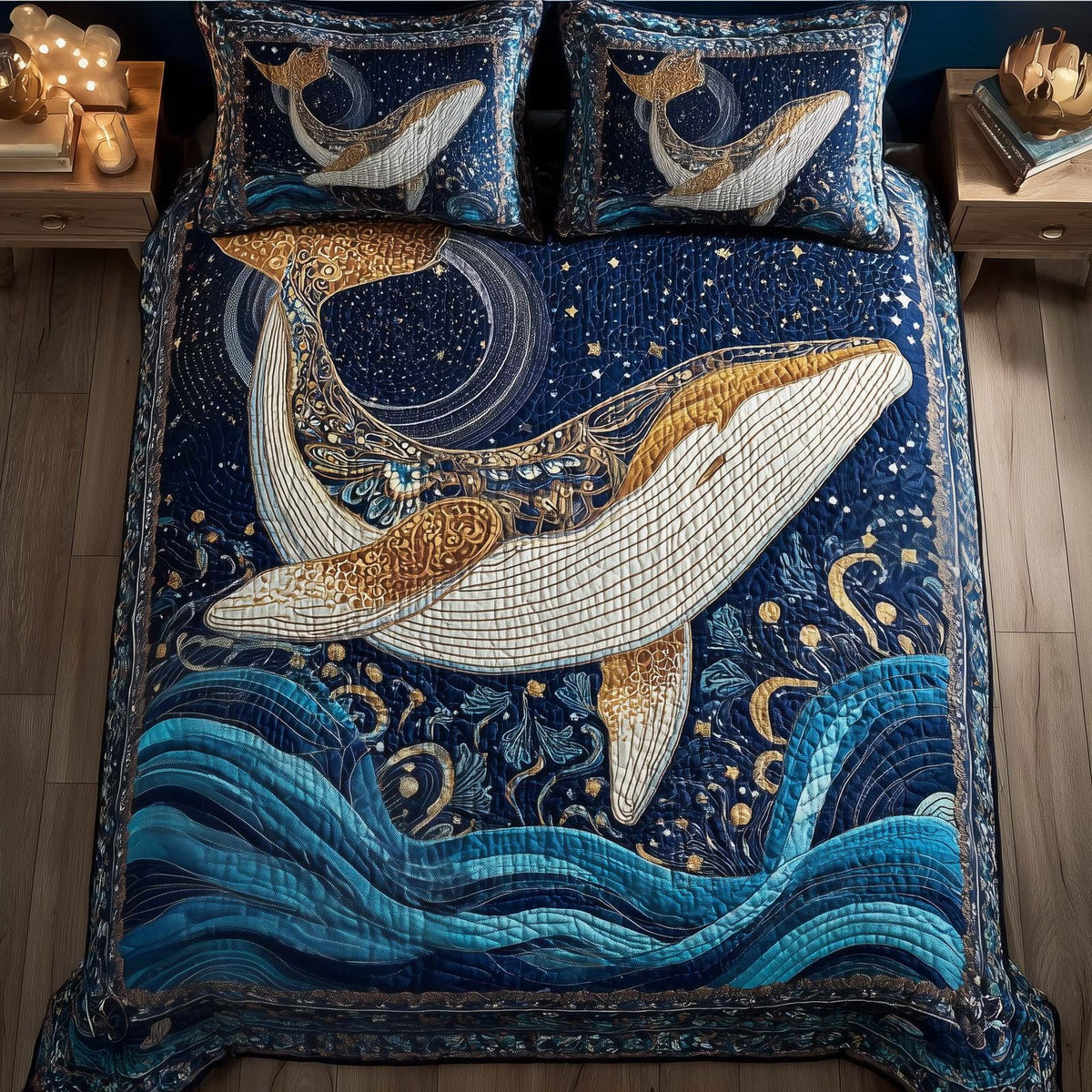 Prism Whale quilted 3-piece bedding set on a made bed in a light coastal bedroom