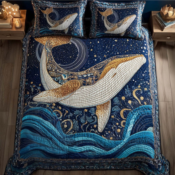 Prism Whale quilted 3-piece bedding set on a made bed in a light coastal bedroom