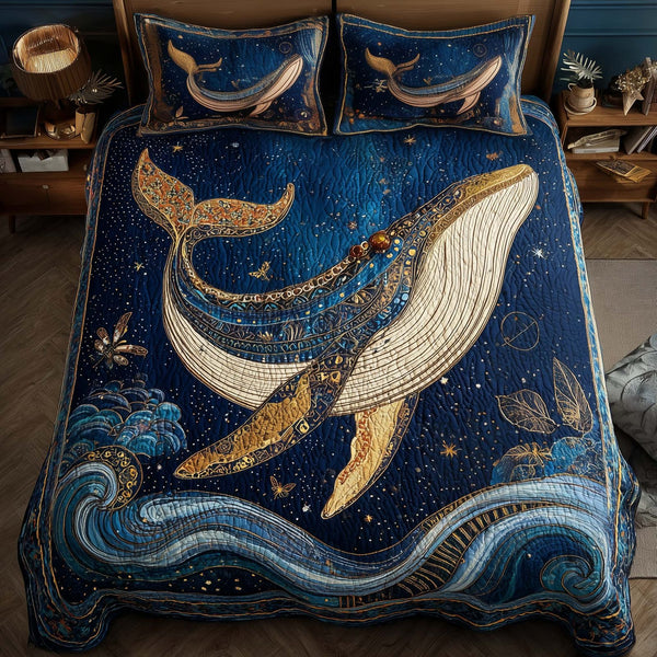 Prism Whale quilted 3-piece bedding set on a made bed in a light coastal bedroom