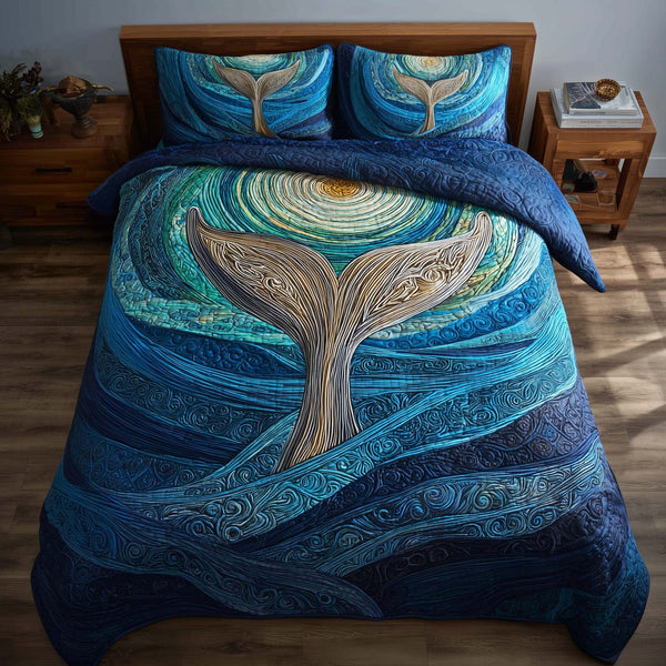 Prism Whale quilted 3-piece bedding set on a made bed in a light coastal bedroom