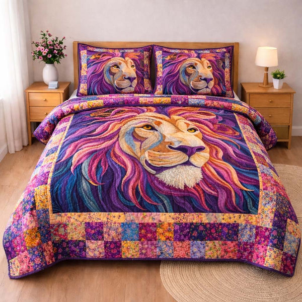Prismatic Mane quilted 3-piece bedding set on a made bed with two matching pillow shams