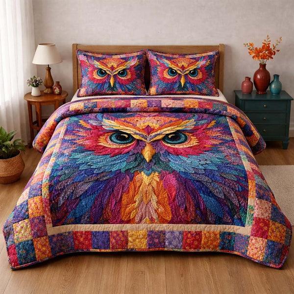 Prismatic Patchwork Owl quilted 3-piece bedding set on a made bed in a farmhouse bedroom