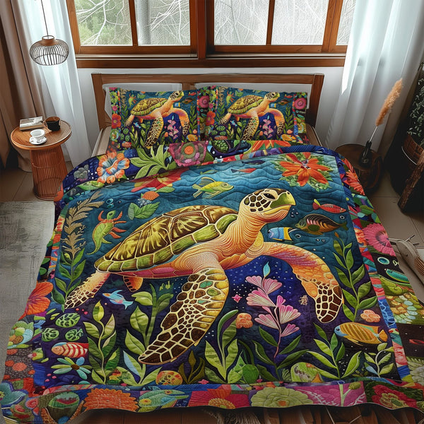 Pristine Turtles quilted 3-piece bedding set on a made bed in a light coastal bedroom