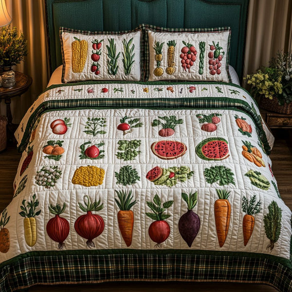 Produce Plush quilted 3-piece bedding set on a made bed with two matching pillow shams
