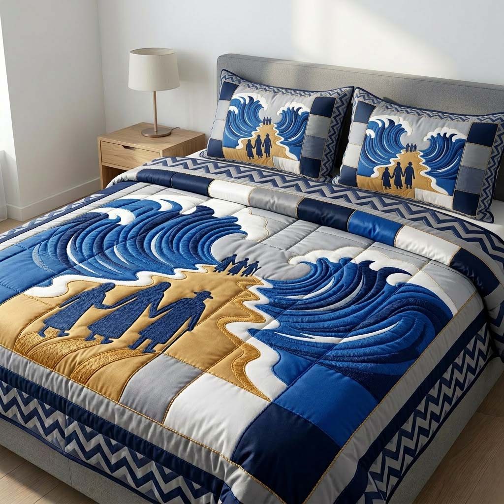 Promise Light Path quilted 3-piece bedding set on a made bed with two matching pillow shams
