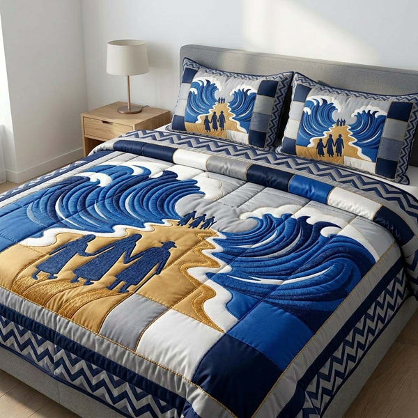Promise Light Path quilted 3-piece bedding set on a made bed with two matching pillow shams