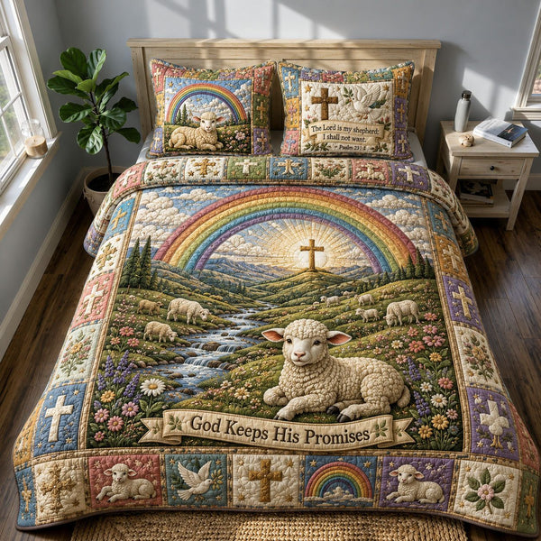 Promise Rainbow quilted 3-piece bedding set on a made bed with two matching pillow shams