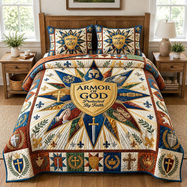 Protect By Faith quilted 3-piece bedding set on a made bed in a softly lit bedroom
