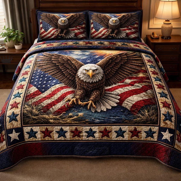Proud Eagle quilted 3-piece bedding set on a made bed in a warmly lit bedroom