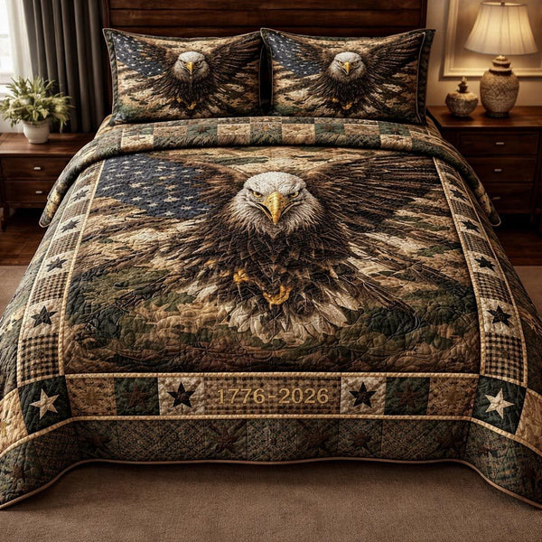 Proud Eagle quilted 3-piece bedding set on a made bed in a warmly lit bedroom