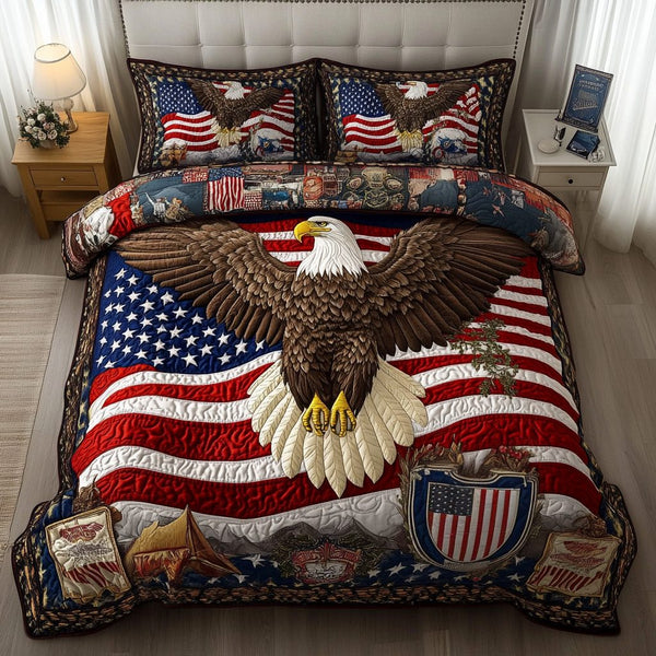 Proud Eagle quilted 3-piece bedding set on a made bed in a warmly lit bedroom