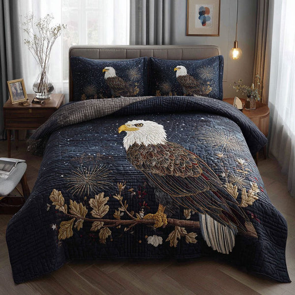 Proud Eagle quilted 3-piece bedding set on a made bed in a warmly lit bedroom