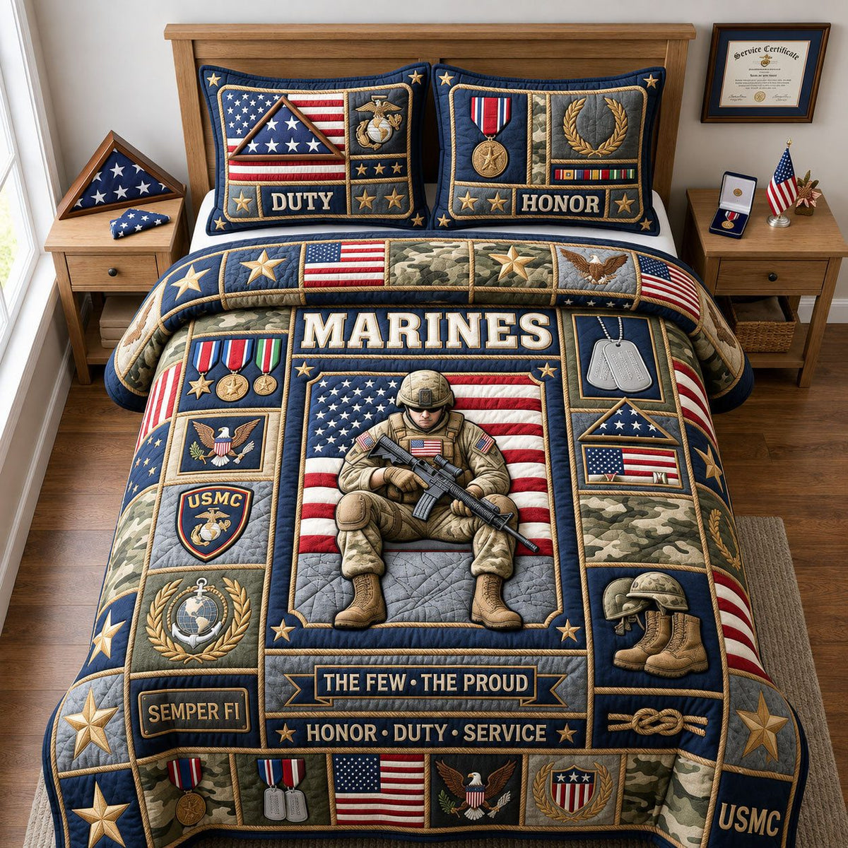 Proud Marine Verteran quilted 3-piece bedding set on a made bed in a warmly lit bedroom