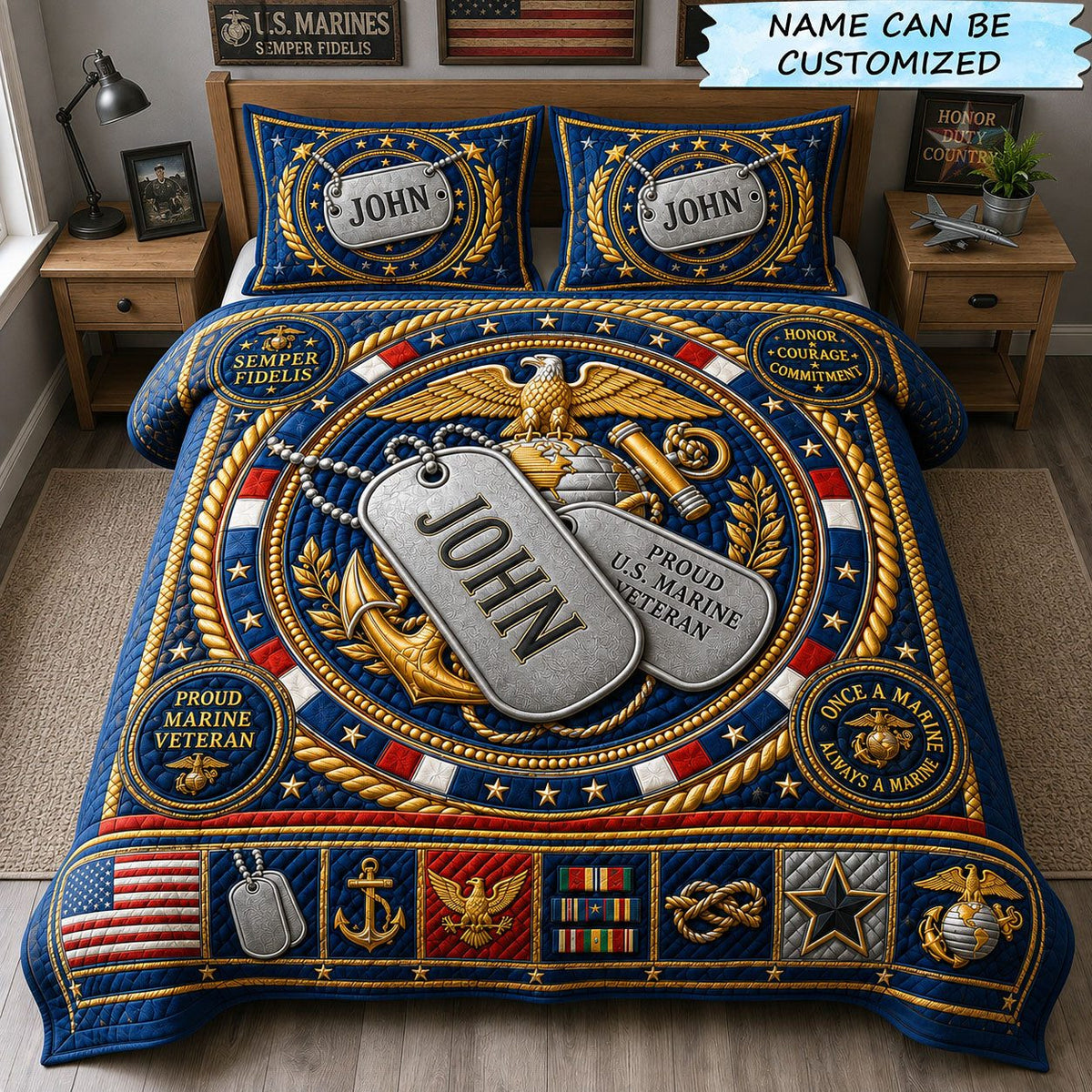 Proud Marine Veteran Honor Crest quilted 3-piece bedding set on a made bed in a warmly lit bedroom